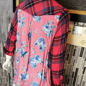 Tolani Collection Plaid Shirt with Corduroy Back Watermelon Red Size L 0466